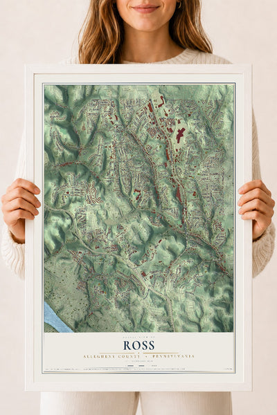 Map of Ross, Allegheny County, Pennsylvania, 18 x 24 inch print in a white wood frame