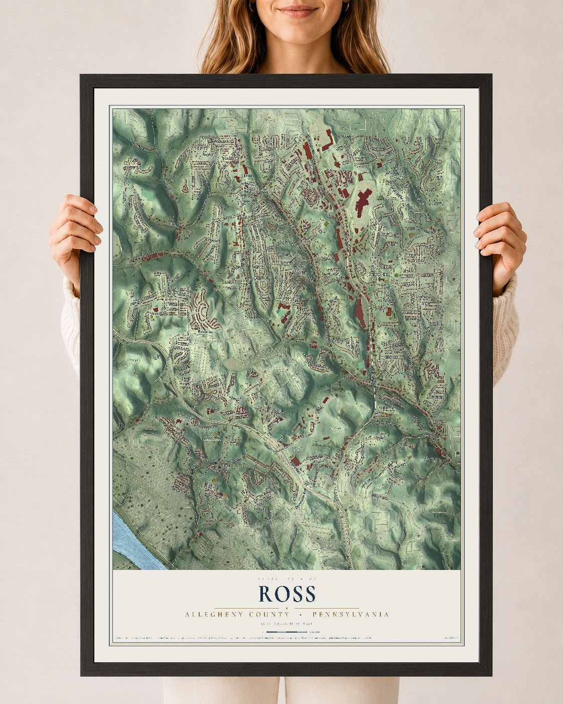 Map of Ross, Allegheny County, Pennsylvania, 24 x 36 inch print in a black wood frame