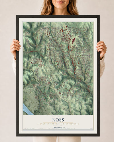 Map of Ross, Allegheny County, Pennsylvania, 24 x 36 inch print in a black wood frame