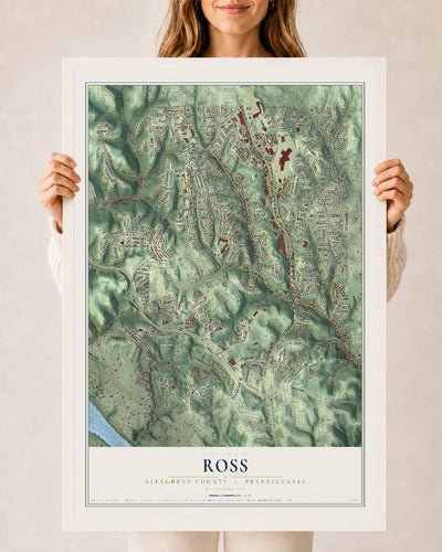 Map of Ross, Allegheny County, Pennsylvania, 24 x 36 inch print in a white wood frame