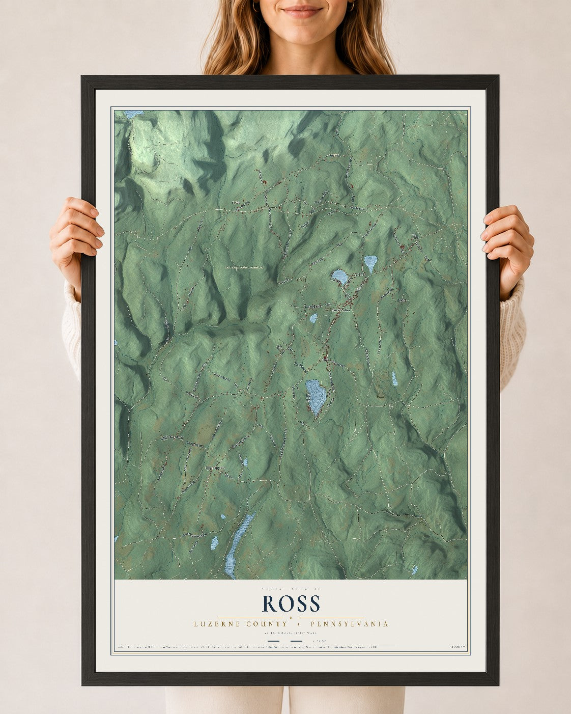 Map of Ross, Luzerne County, Pennsylvania, 24 x 36 inch print in a black wood frame