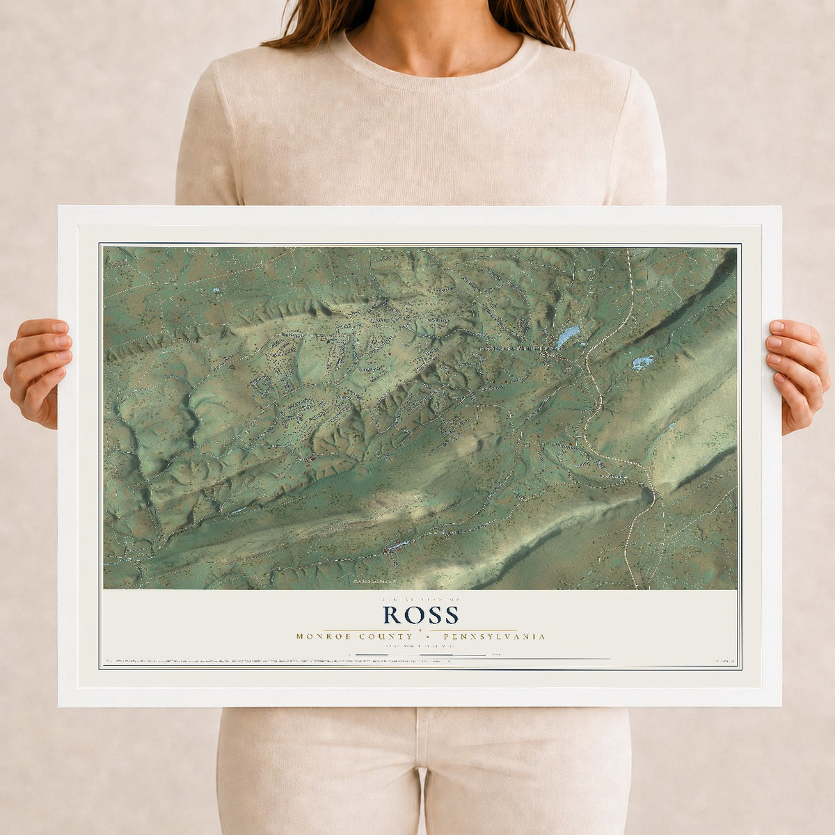 Map of Ross, Monroe County, Pennsylvania, 12 x 18 inch print in a white wood frame
