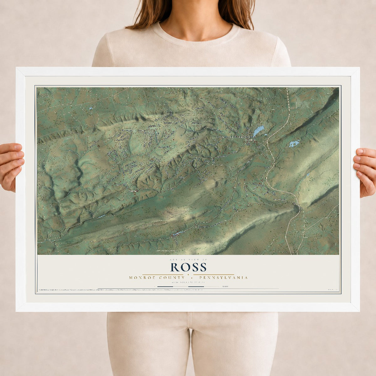 Map of Ross, Monroe County, Pennsylvania, 18 x 24 inch print in a white wood frame