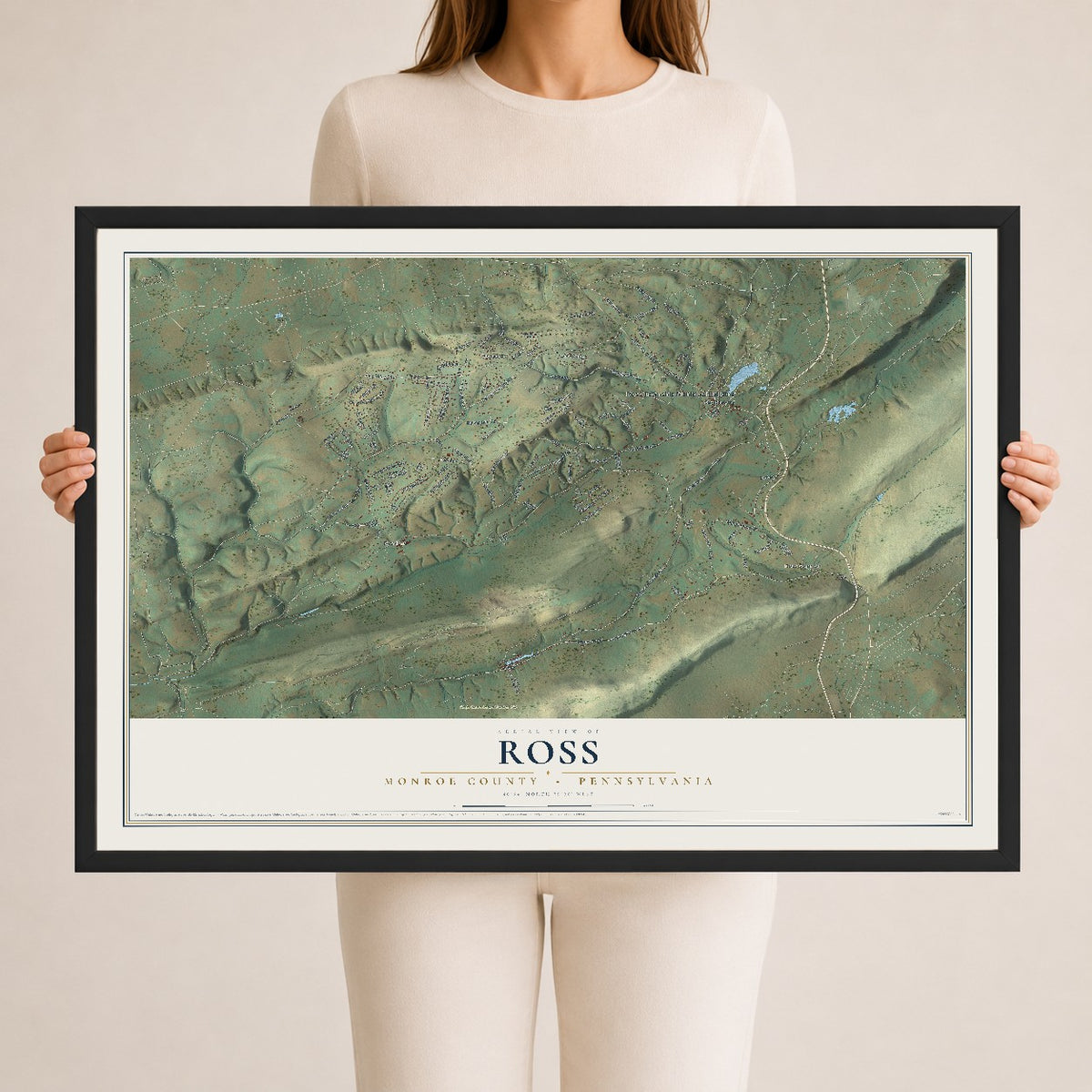 Map of Ross, Monroe County, Pennsylvania, 24 x 36 inch print in a black wood frame