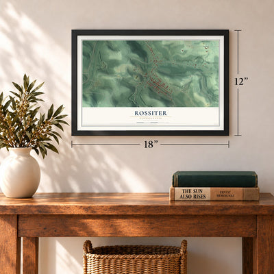 Rossiter, Pennsylvania map, 12 x 18 inch print in a black frame in an entryway