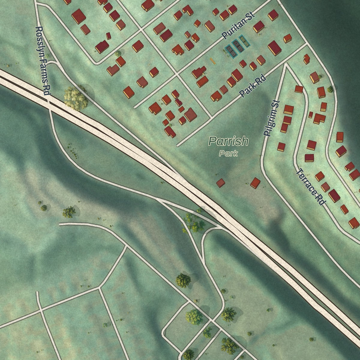 Close-up of the map of Rosslyn Farms, Pennsylvania print showing street and building detail