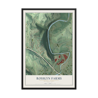 Map of Rosslyn Farms, Pennsylvania, 12 x 18 inch print in a black wood frame