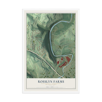 Map of Rosslyn Farms, Pennsylvania, 12 x 18 inch print in a white wood frame