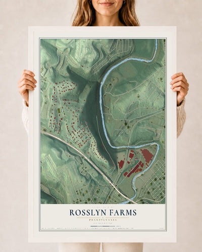 Map of Rosslyn Farms, Pennsylvania, 24 x 36 inch print in a white wood frame