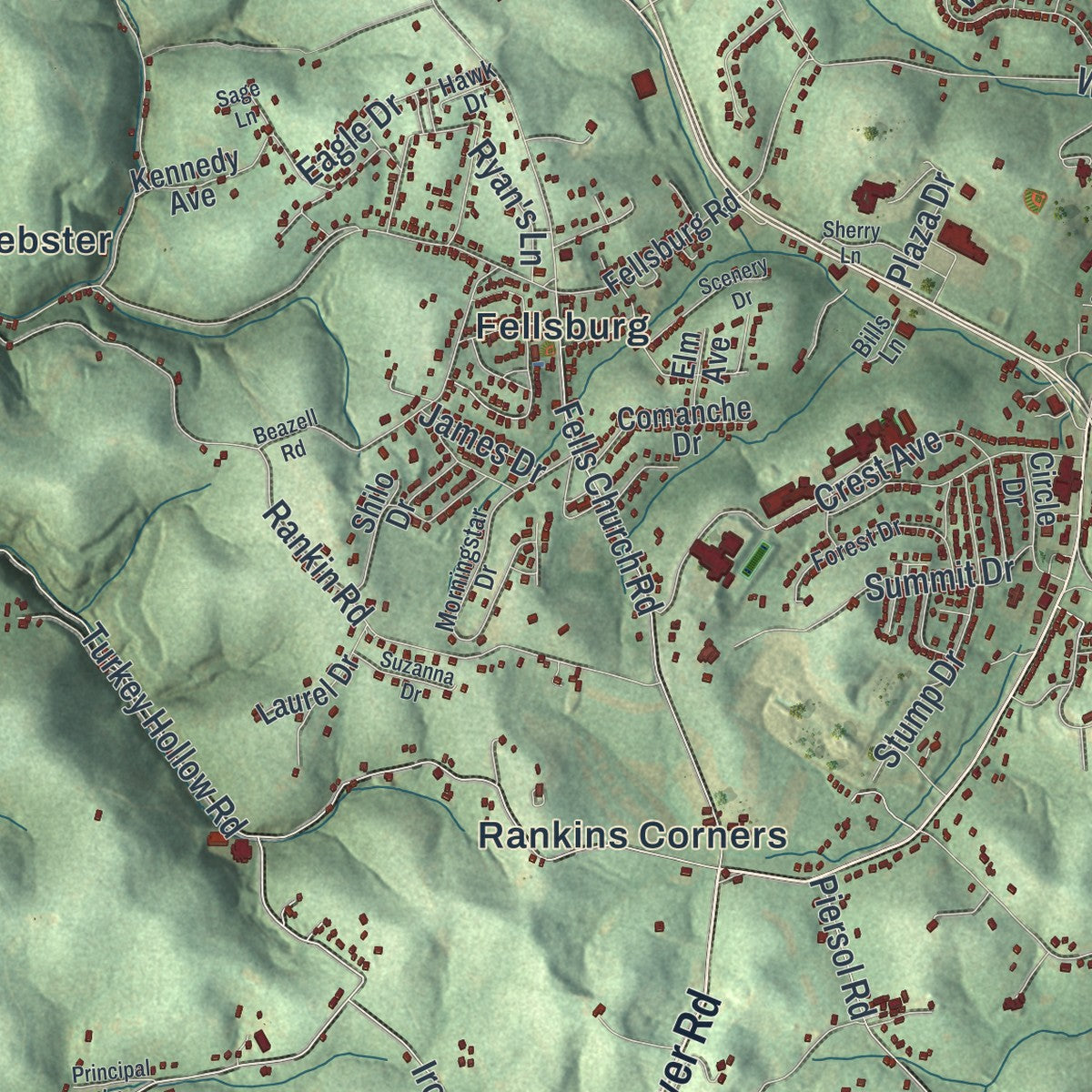 Close-up of the map of Rostraver, Pennsylvania print showing street and building detail