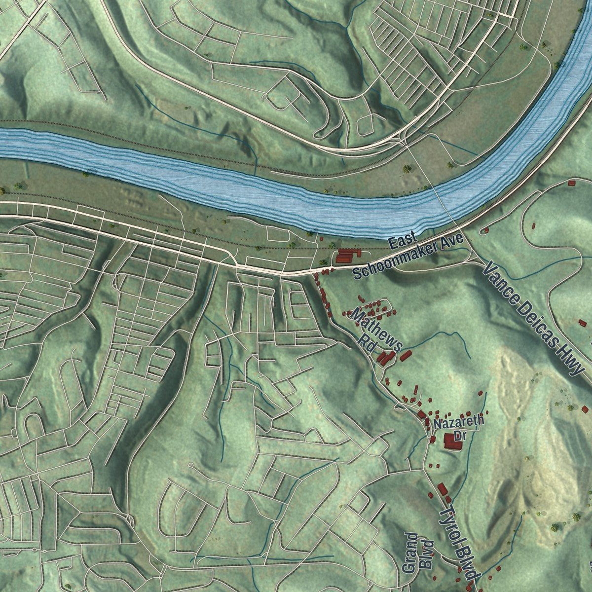 Second close-up of the map of Rostraver, Pennsylvania print showing more streets and buildings