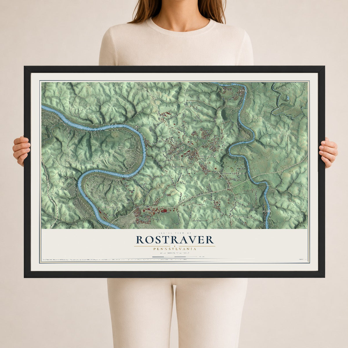 Map of Rostraver, Pennsylvania, 24 x 36 inch print in a black wood frame
