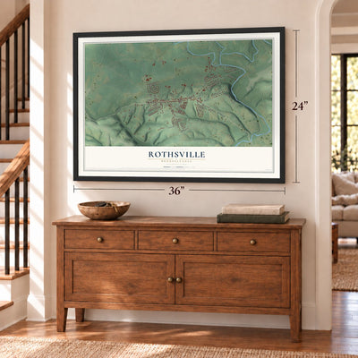 Rothsville, Pennsylvania map, 24 x 36 inch print in a black frame above a dresser by a staircase
