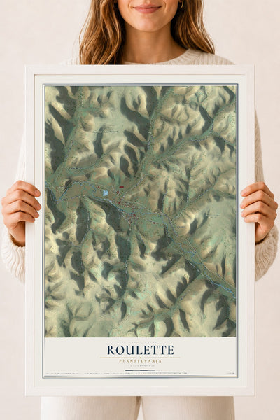 Map of Roulette, Pennsylvania, 18 x 24 inch print in a white wood frame