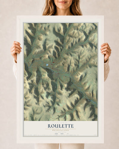 Map of Roulette, Pennsylvania, 24 x 36 inch print in a white wood frame