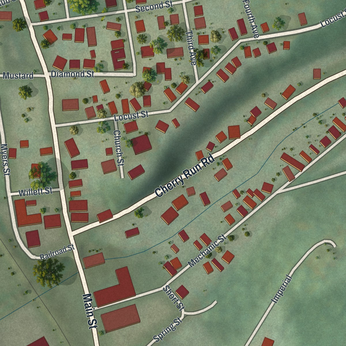 Close-up of the map of Rouseville, Pennsylvania print showing street and building detail