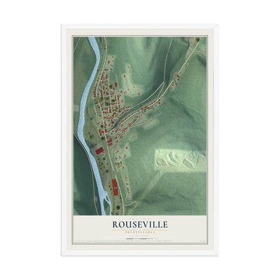 Map of Rouseville, Pennsylvania, 12 x 18 inch print in a white wood frame
