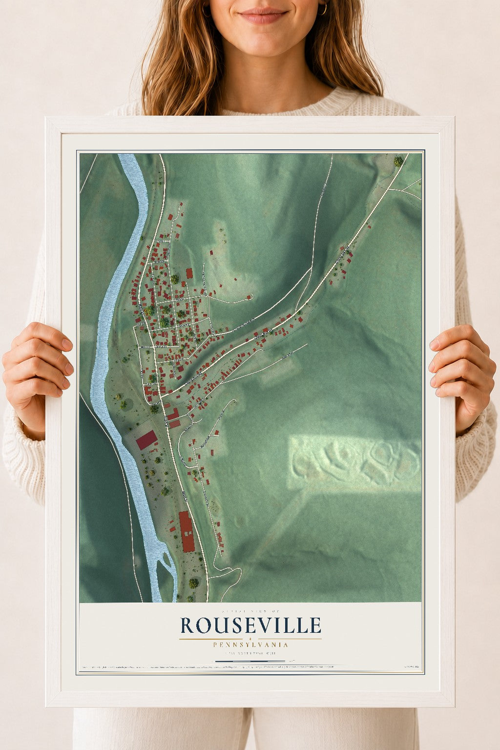 Map of Rouseville, Pennsylvania, 18 x 24 inch print in a white wood frame