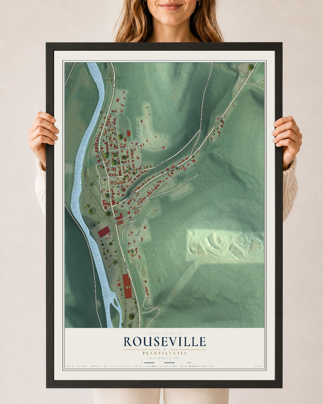 Map of Rouseville, Pennsylvania, 24 x 36 inch print in a black wood frame