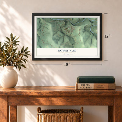 Rowes Run, Pennsylvania map, 12 x 18 inch print in a black frame in an entryway