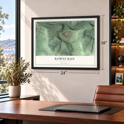 Rowes Run, Pennsylvania map, 18 x 24 inch print in a black frame in a home office