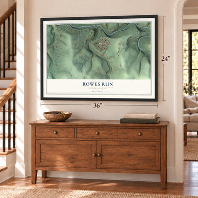 Rowes Run, Pennsylvania map, 24 x 36 inch print in a black frame above a dresser by a staircase