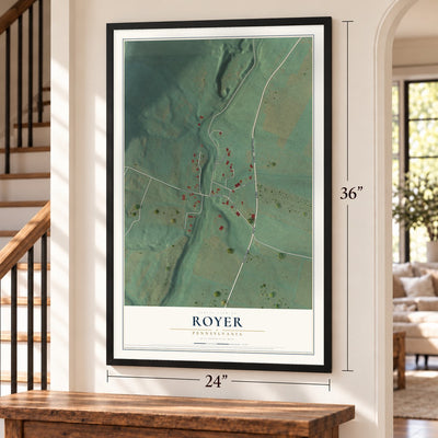 Royer, Pennsylvania map, 24 x 36 inch print in a black frame by a staircase