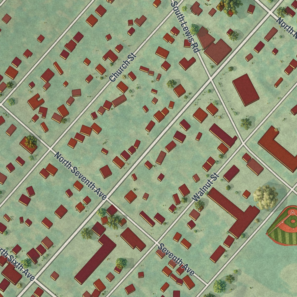 Second close-up of the map of Royersford, Pennsylvania print showing more streets and buildings