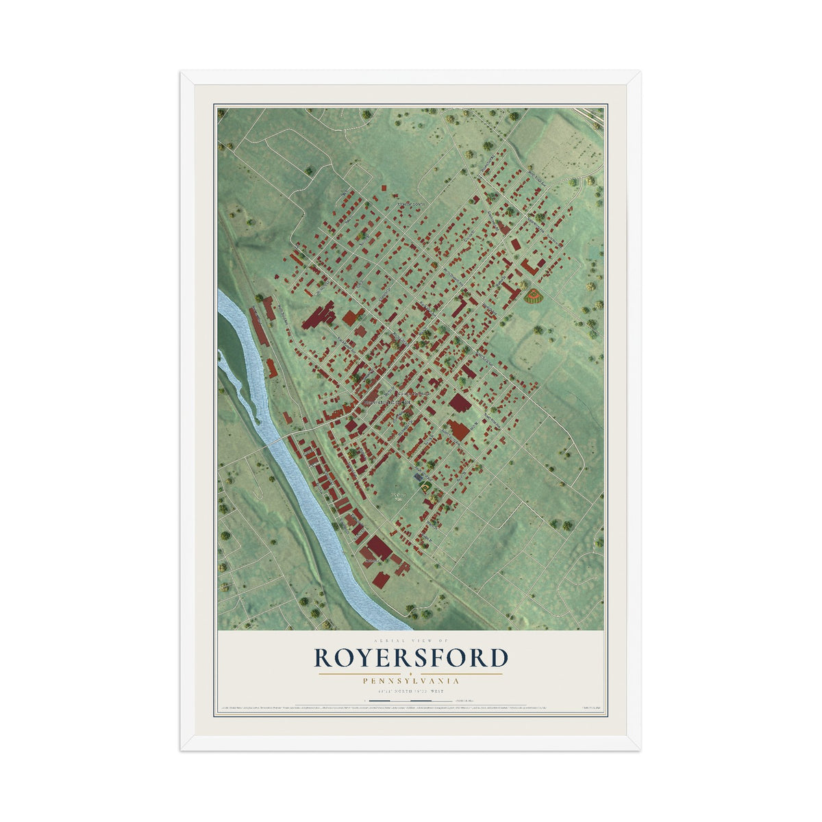 Map of Royersford, Pennsylvania, 12 x 18 inch print in a white wood frame