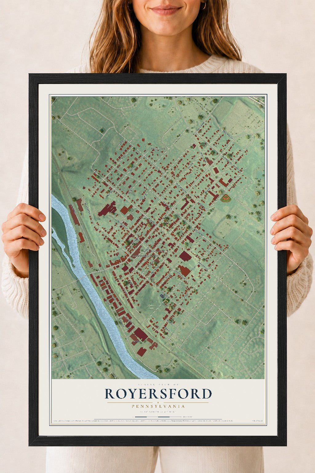 Map of Royersford, Pennsylvania, 18 x 24 inch print in a black wood frame