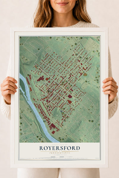 Map of Royersford, Pennsylvania, 18 x 24 inch print in a white wood frame