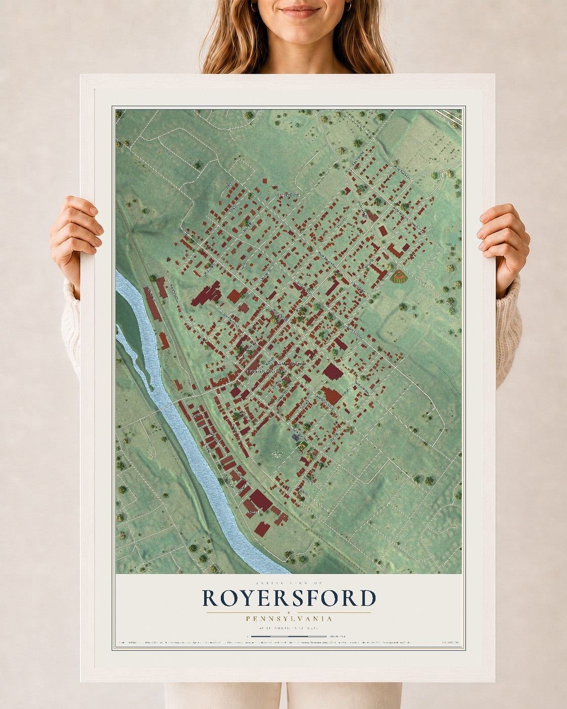Map of Royersford, Pennsylvania, 24 x 36 inch print in a white wood frame