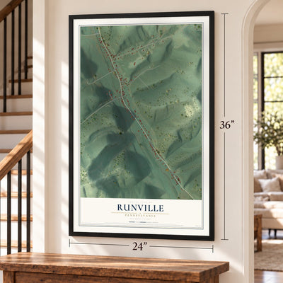 Runville, Pennsylvania map, 24 x 36 inch print in a black frame by a staircase