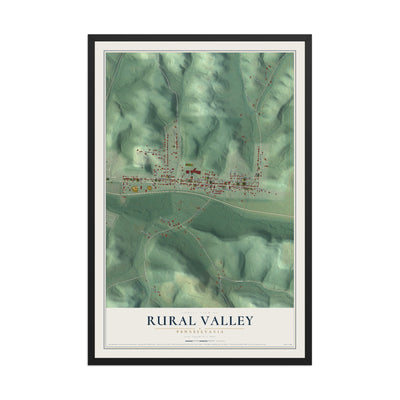 Map of Rural Valley, Pennsylvania, 12 x 18 inch print in a black wood frame