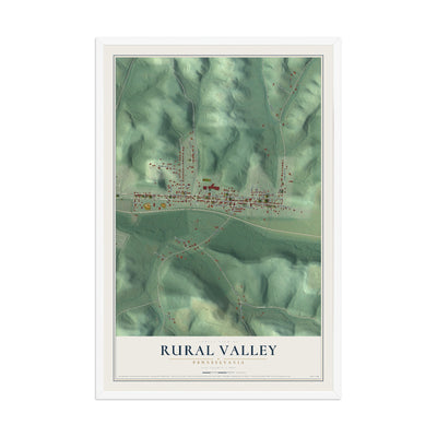 Map of Rural Valley, Pennsylvania, 12 x 18 inch print in a white wood frame