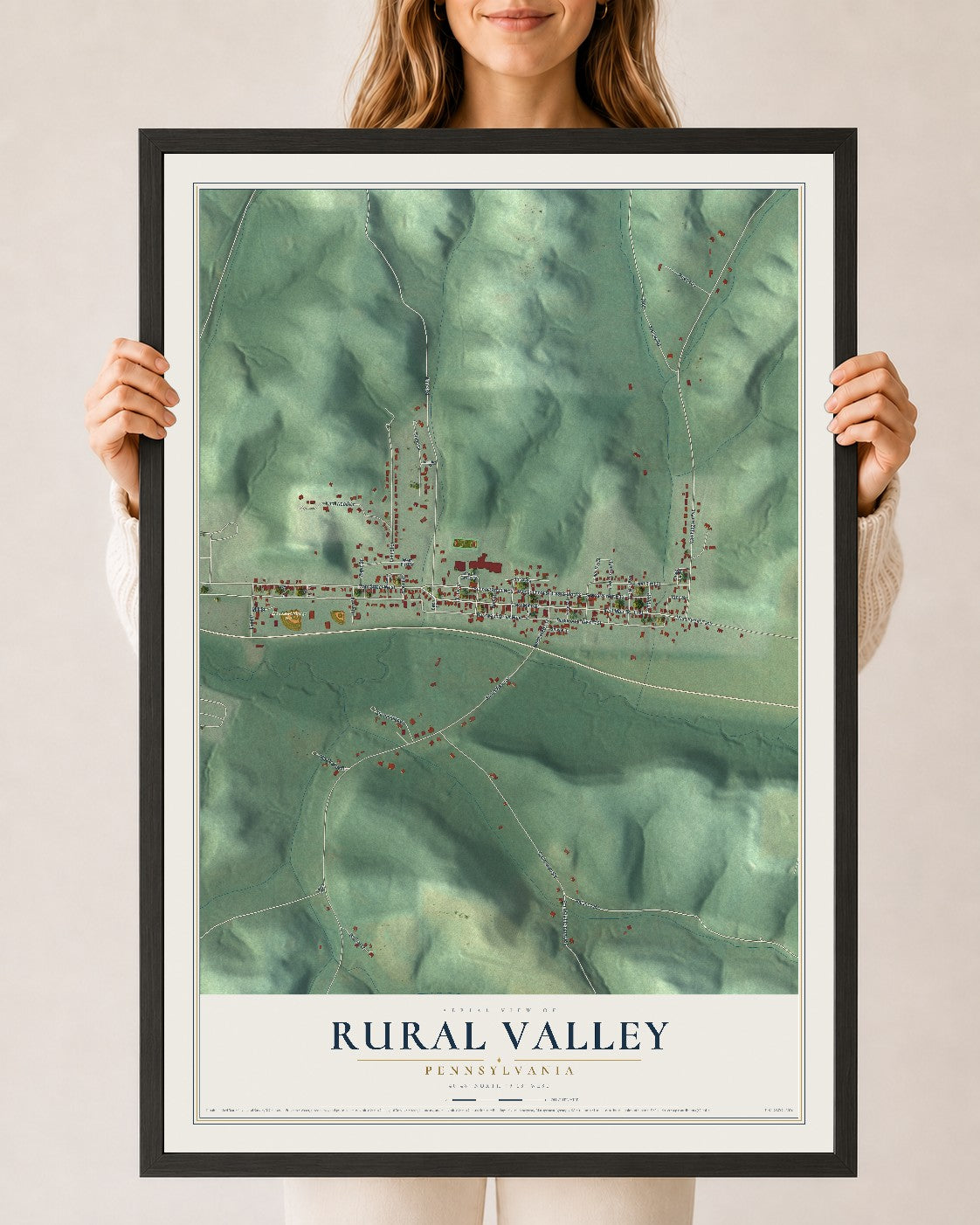 Map of Rural Valley, Pennsylvania, 24 x 36 inch print in a black wood frame