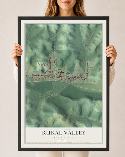 Map of Rural Valley, Pennsylvania, 24 x 36 inch print in a black wood frame