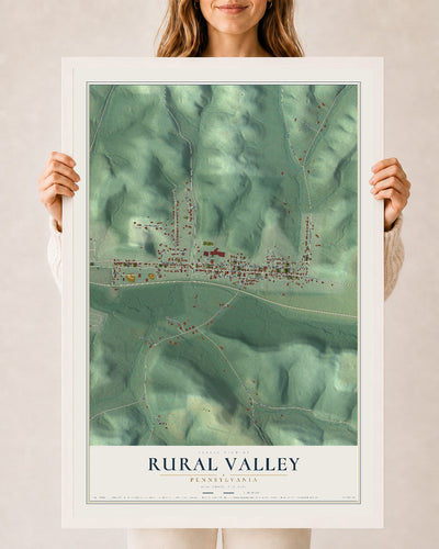 Map of Rural Valley, Pennsylvania, 24 x 36 inch print in a white wood frame