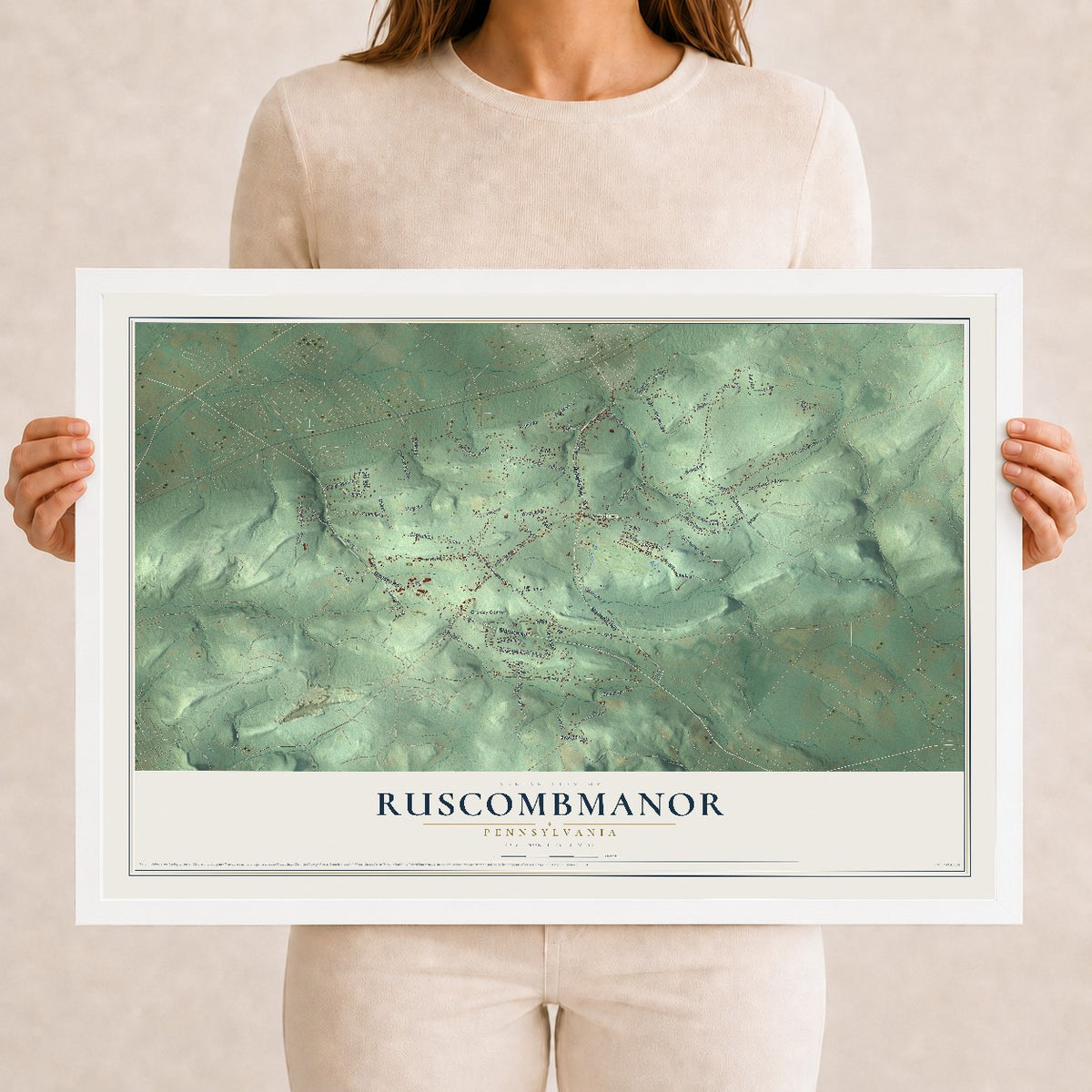 Map of Ruscombmanor, Pennsylvania, 12 x 18 inch print in a white wood frame