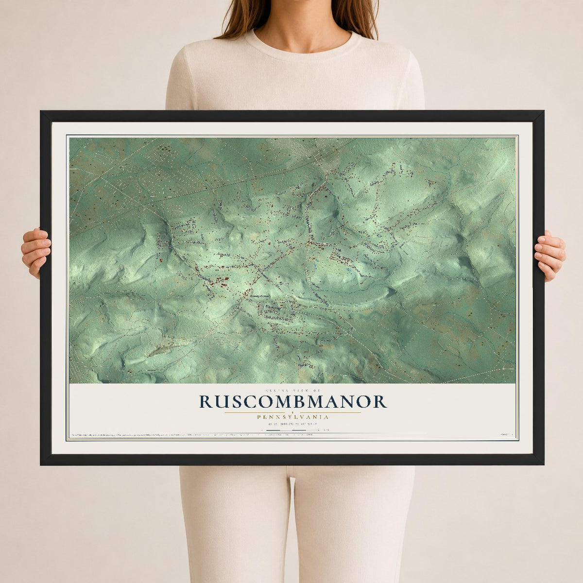 Map of Ruscombmanor, Pennsylvania, 24 x 36 inch print in a black wood frame