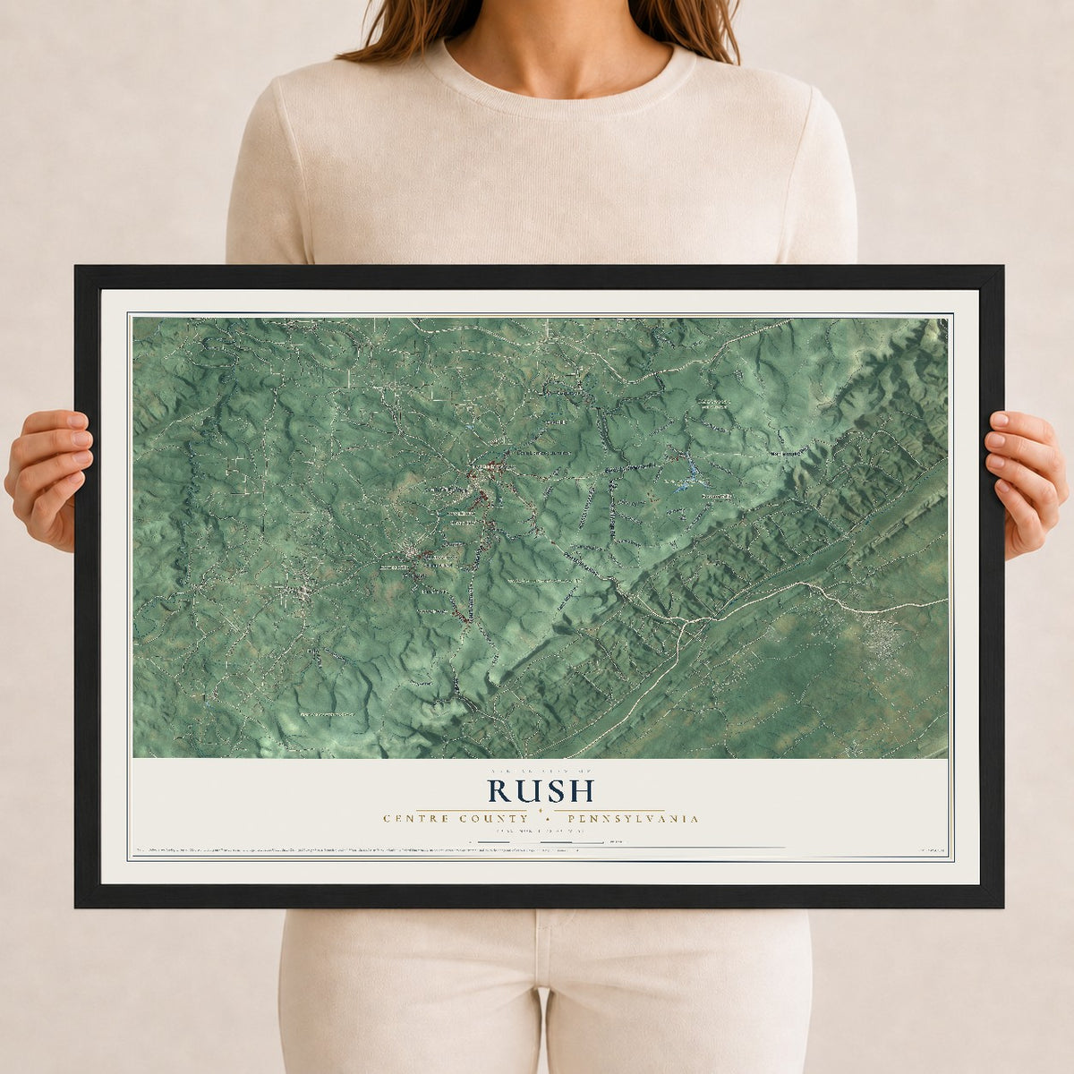 Map of Rush, Centre County, Pennsylvania, 12 x 18 inch print in a black wood frame