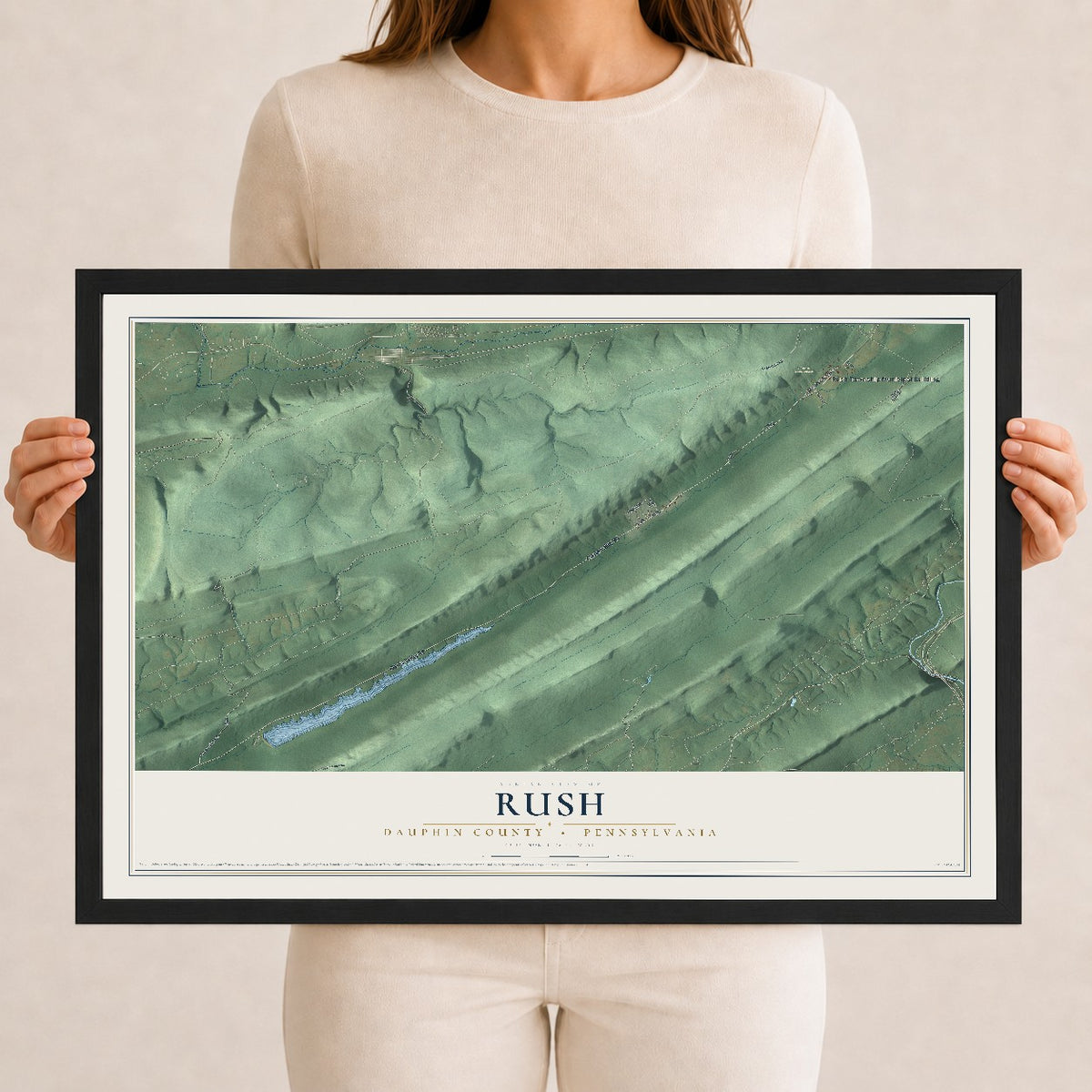 Map of Rush, Dauphin County, Pennsylvania, 12 x 18 inch print in a black wood frame