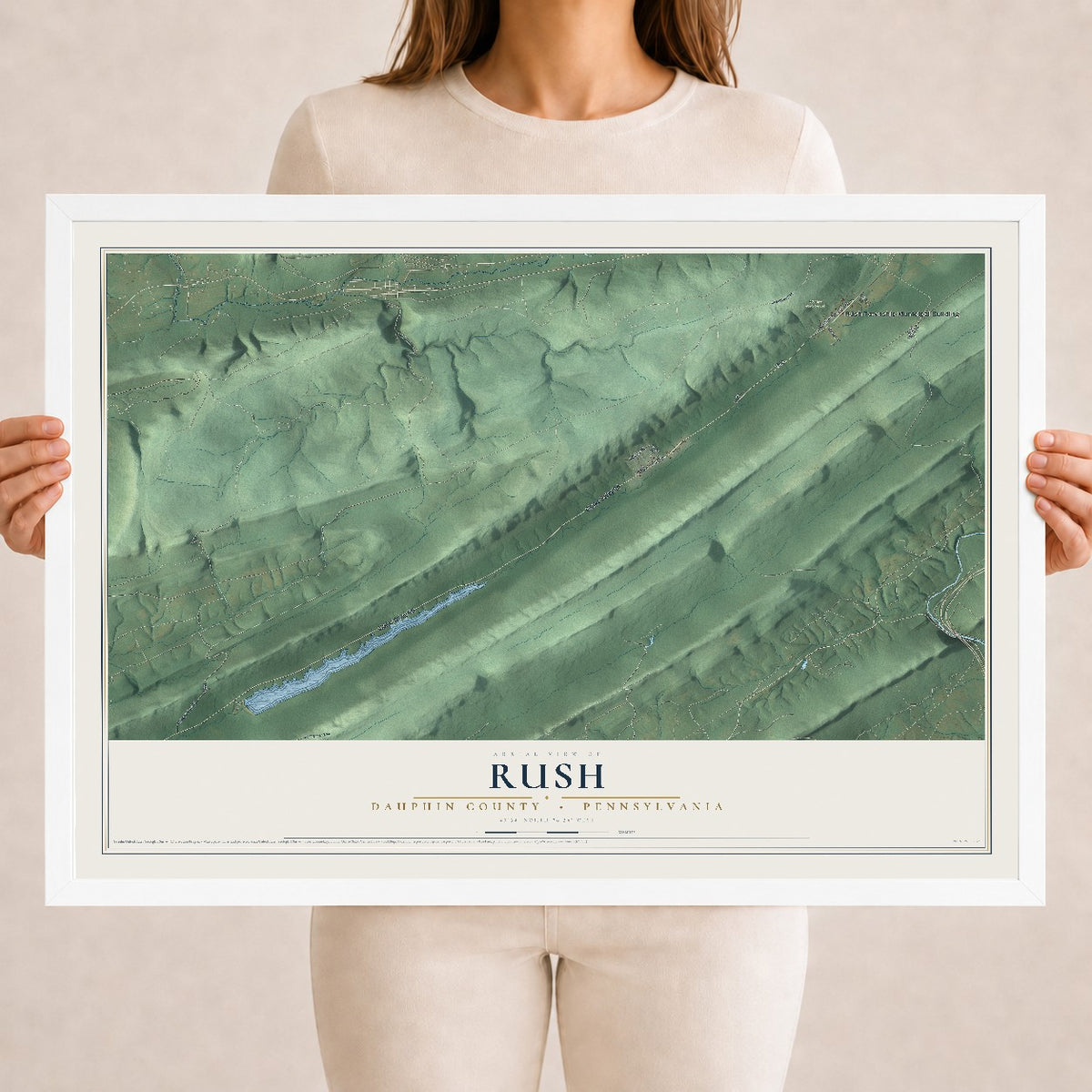 Map of Rush, Dauphin County, Pennsylvania, 18 x 24 inch print in a white wood frame