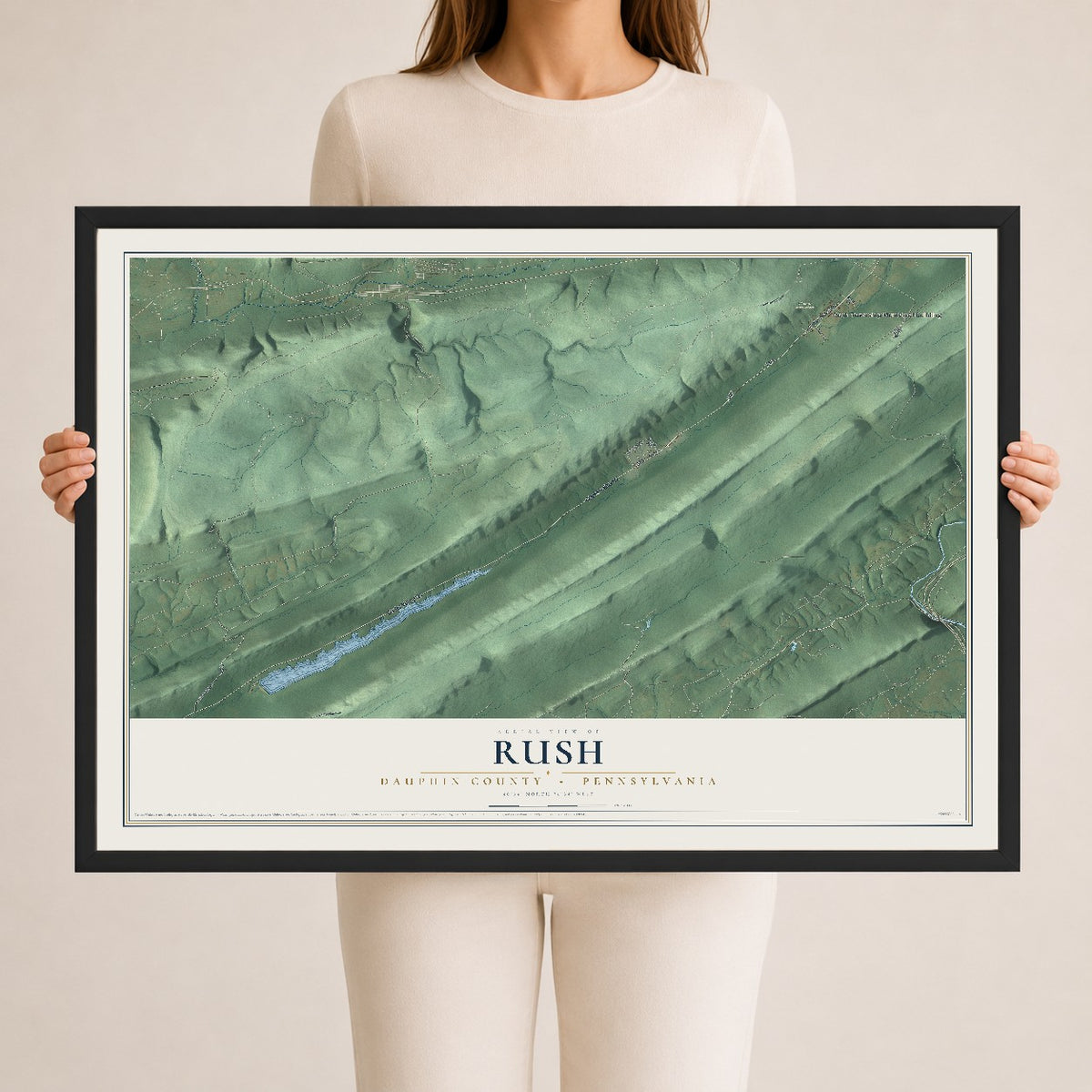 Map of Rush, Dauphin County, Pennsylvania, 24 x 36 inch print in a black wood frame