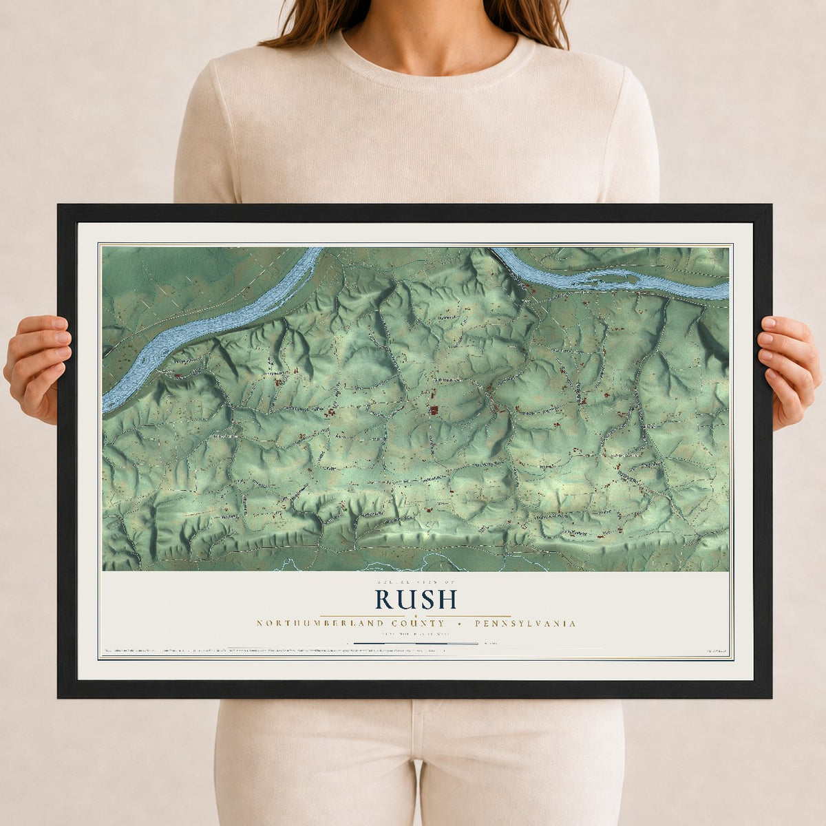 Map of Rush, Northumberland County, Pennsylvania, 12 x 18 inch print in a black wood frame