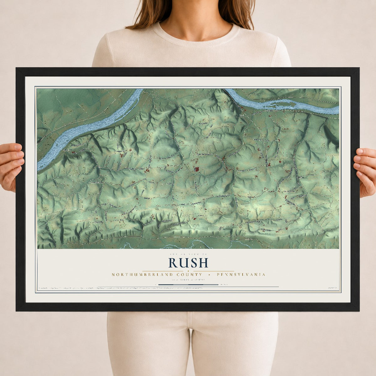 Map of Rush, Northumberland County, Pennsylvania, 18 x 24 inch print in a black wood frame