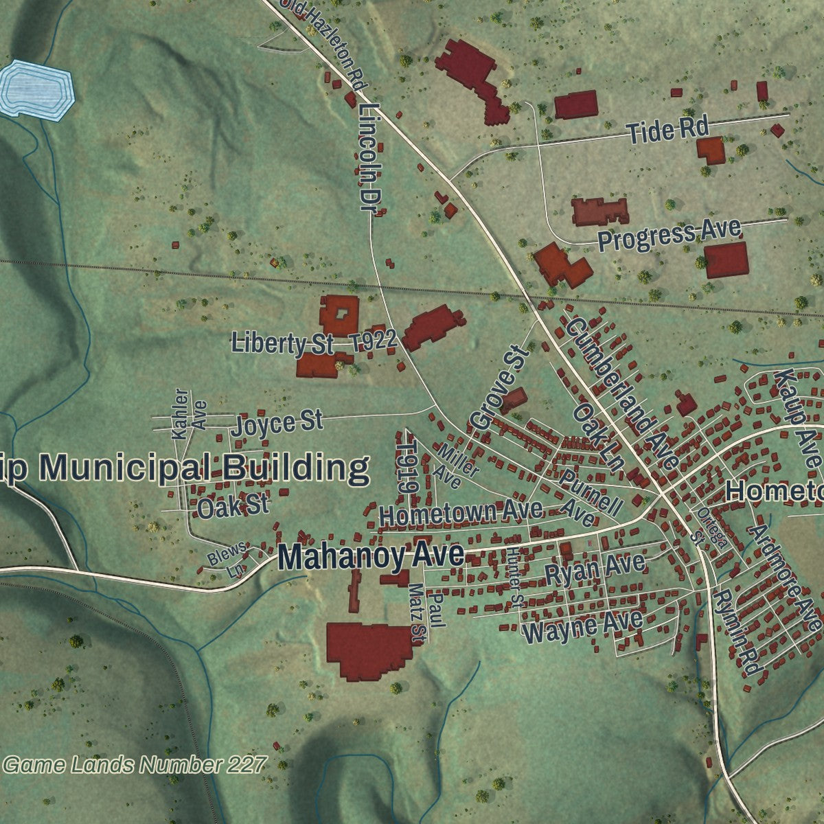 Close-up of the map of Rush, Schuylkill County, Pennsylvania print showing street and building detail