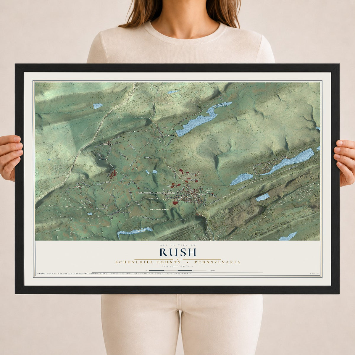 Map of Rush, Schuylkill County, Pennsylvania, 18 x 24 inch print in a black wood frame