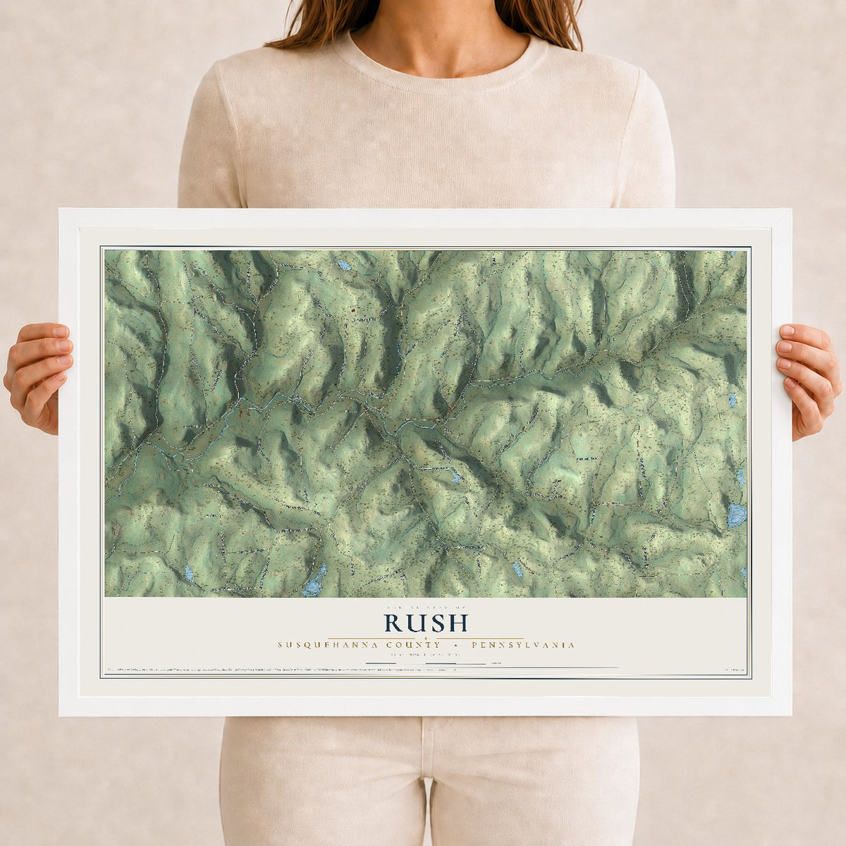Map of Rush, Susquehanna County, Pennsylvania, 12 x 18 inch print in a white wood frame
