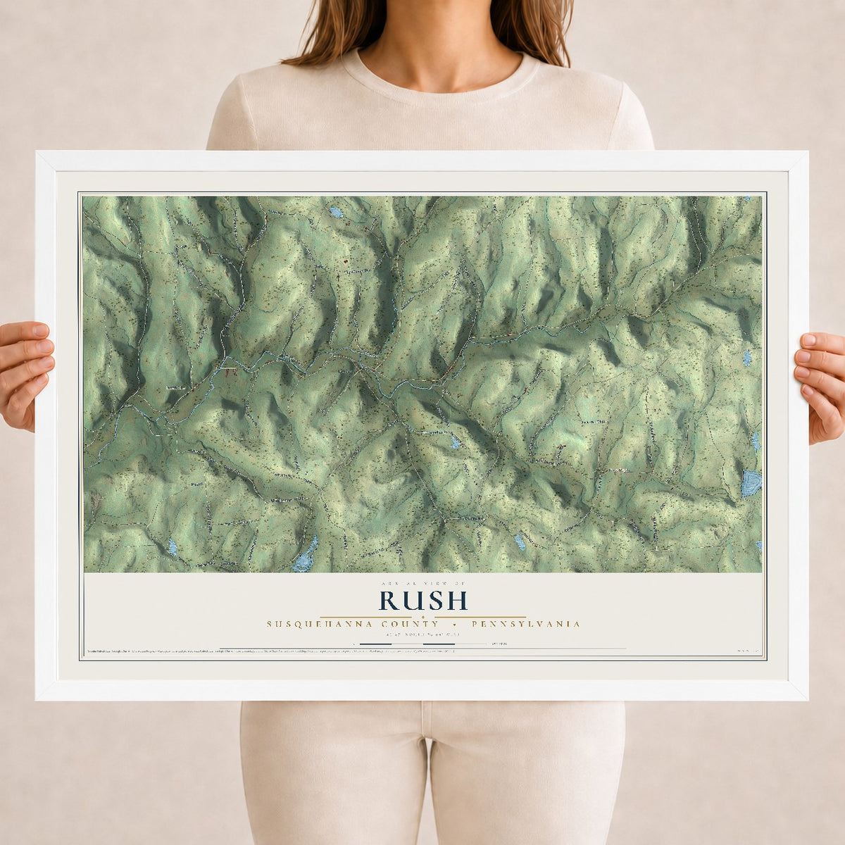 Map of Rush, Susquehanna County, Pennsylvania, 18 x 24 inch print in a white wood frame
